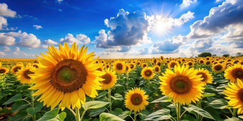 Field Blooming Sunflowers Under Blue