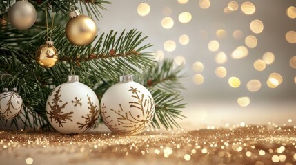 Christmas decorations illuminate with gold glittering accents, creating an abstract glow light texture. The shimmering ornaments and festive lights capture the essence of the holiday season, blending 