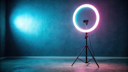 A ring light with LED neon lamp on a tripod in a moody studio setting, ring light, LED, neon lamp, tripod, DSLR camera