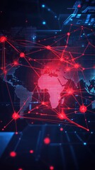 A digital world map with red network connections, symbolizing global connectivity and technology.