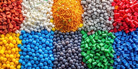 Closeup top view of colorful mixed plastic granules, HDPE, PVC resin pellets, plastic, polypropylene, granules, masterbatch, polymer