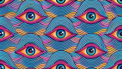 Fototapeta premium Seamless abstract eye pattern on wavy shadow background, optical art, psychedelic trippy aesthetic, risograph, eye