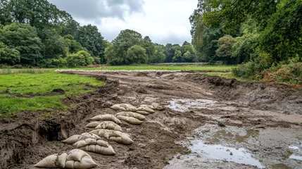 Plexiglas schilderij Cappuccinokleur A landscape with sandbags along a dry, muddy area, likely for flood protection.  © Iswanto