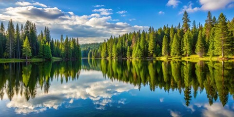 Fototapeta premium Idyllic landscape of pine trees reflected in a beautiful lake, nature, tranquil, serene, peaceful, scenery, outdoors