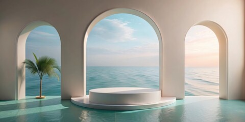 Pastel colored podium with arch window and sea view for cosmetic product showcase, pastel colors