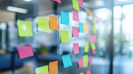 Colorful Post it notes on a glass board professionals engaging with reminders during a team meeting in a conference room emphasizing collaboration and teamwork