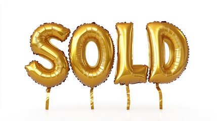 Golden inflatable balloons create the word SOLD against a white background featuring helium filled gold foil for promotional and advertisement purposes