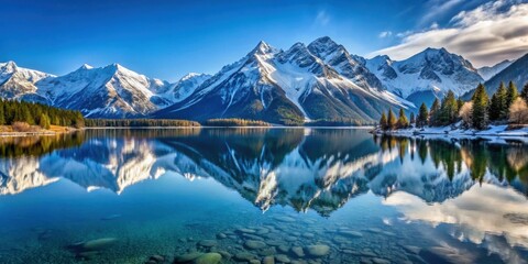 Beautiful view of snow-capped mountains reflecting in a crystal clear lake, mountains, snow-capped, view, panorama, scenic