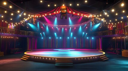 Circular Stage with Lights and Curtains in a Dark Room