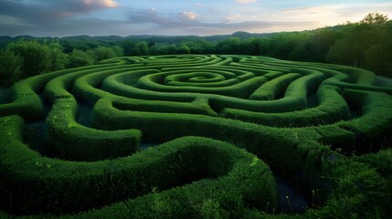 A maze made of hedges with a large green tree in the middle