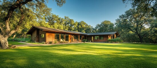 Naklejka premium Modern ranch-style home with a long, low profile, surrounded by trees and a spacious lawn,
