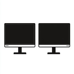 The display shows two monochromatic monitors arranged side by side with a clean line icon interface against a pure white backdrop, emphasizing simplicity