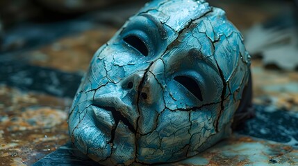 A blue mask with a cracked face is on a table