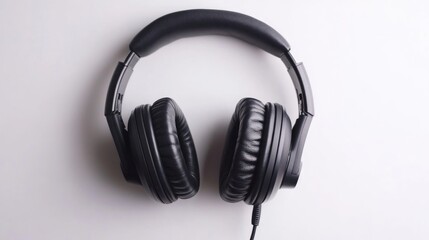 Fototapeta premium Black wired headphones isolated on a white background