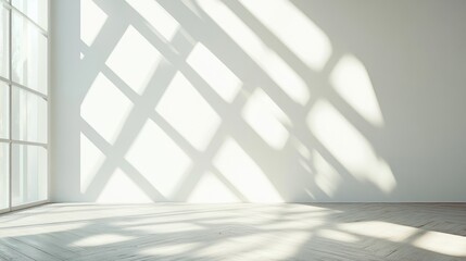Contemporary white interior featuring geometric patterns of sunlight and shadows Blank wall ready for mockup use