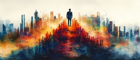 A solitary figure stands atop a vibrant, abstract landscape of fiery colors and skyscrapers, symbolizing ambition and urban life.