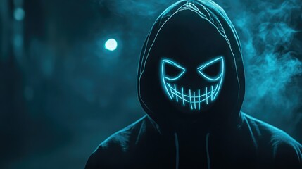 Faceless figure in a hoodie concealing identity behind a glowing neon mask in a dark environment Horror theme