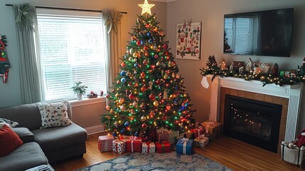 Christmas Tree Decorated with Ornaments and Fairy Lights