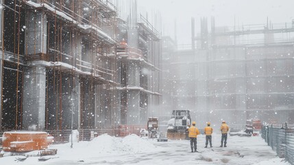 Construction Workers in Winter Weather at a Building Site with Heavy Snowfall and Scaffolding in Progress, Demonstrating Safety Protocols and Teamwork in Challenging Conditions