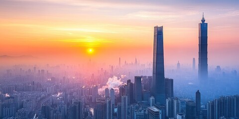A vibrant city skyline at sunset with towering skyscrapers and a colorful sky.