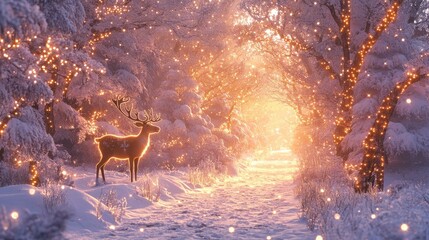 Reindeer in a Snowy Forest with Christmas Lights