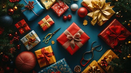 Christmas Gift Wrapping Station with Ribbons and Paper