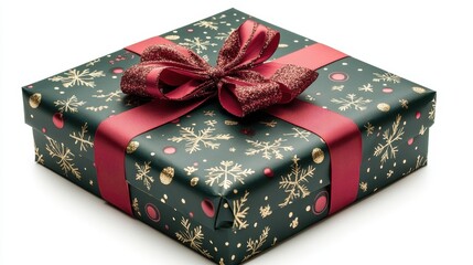 Christmas Gift Box with Red Ribbon Isolated on White