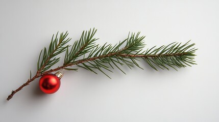 Christmas Tree Branch with Red Bauble Isolated on White