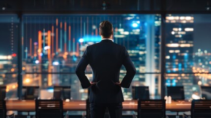 Fototapeta premium Executive in Front of Modern Boardroom at Night