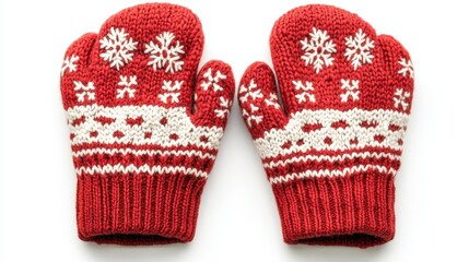 Pair of Red Mittens with White Snowflake Patterns Isolated on White