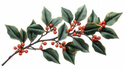 Christmas Holly with Red Berries and Green Leaves Isolated on White