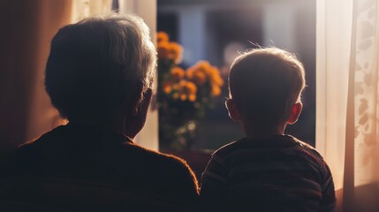 Family practicing social distancing with a grandmother and grandchild seen through a window illustrating the concept of maintaining personal space