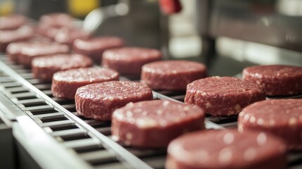 Raw meat patties on a production line in an industrial food processing environment with ample copy space