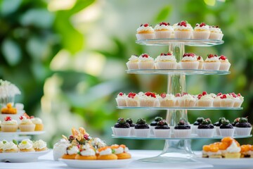 Obraz premium Cupcake dessert table at an outdoor event with a green blurred background.