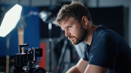 British photographer adjusting camera in studio setting professional environment close-up viewpoint creative concept