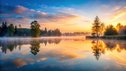 Obraz premium Morning fog enveloping a tranquil lake at sunrise, fog, lake, water, reflection, sunrise, serene, peaceful, tranquil, misty