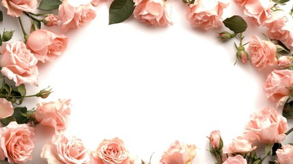 Pastel pink roses create a stunning frame on a white backdrop offering a lovely floral arrangement for your creative projects