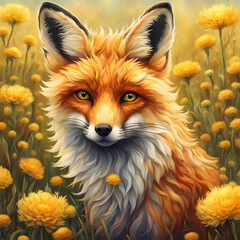 red fox in flowers
