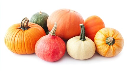 Fresh ripe pumpkins isolated on a white background showcasing a selection of vibrant vegetables