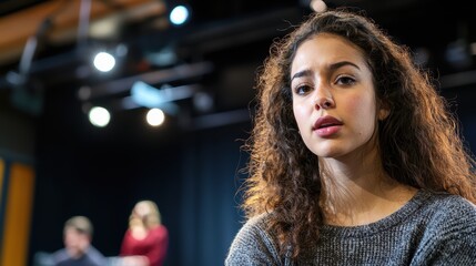 Intense theater rehearsal performance london actor portrait stage environment close-up view dramatic concept