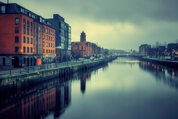 Obraz premium Urban River with Oil Sheen Reflection under Overcast Sky