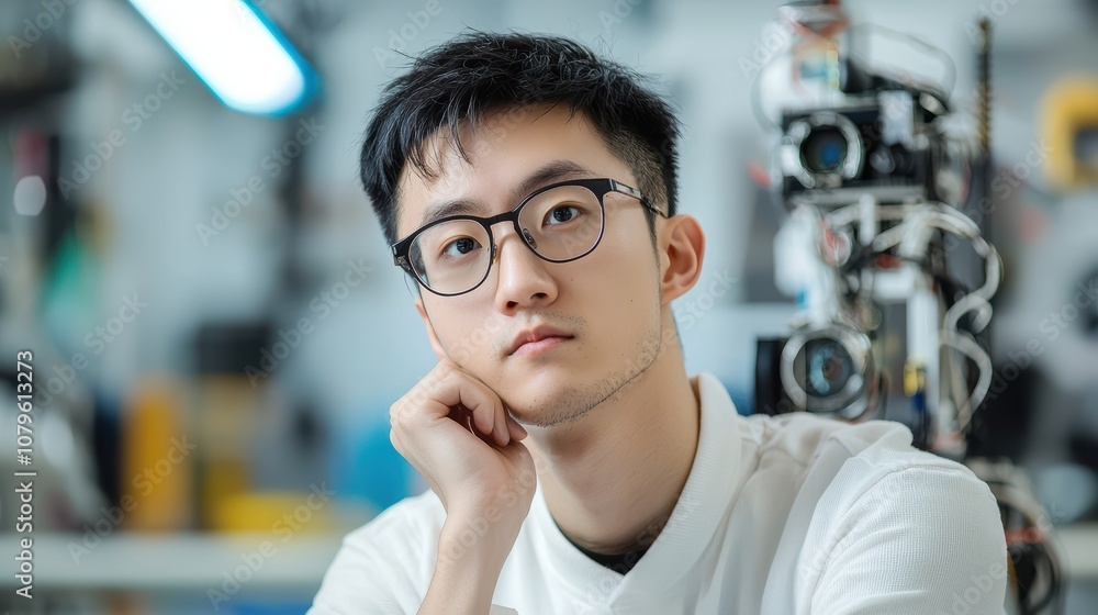 Poster innovative design process of smart devices by a chinese engineer in high-tech workspace capturing cr