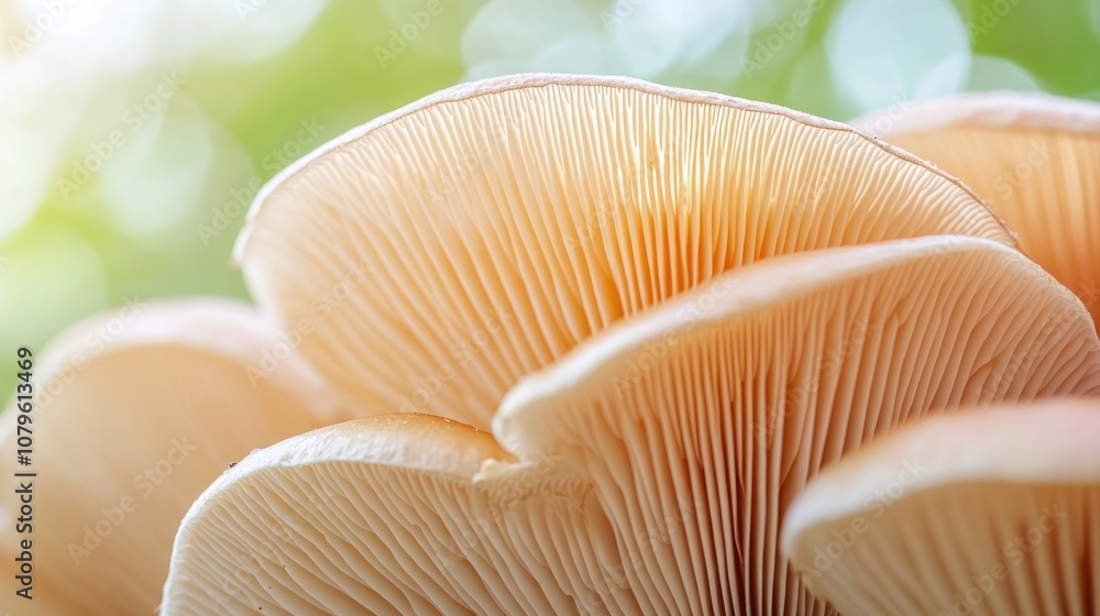Poster close up of mushroom gills with a blurred background in a natural setting