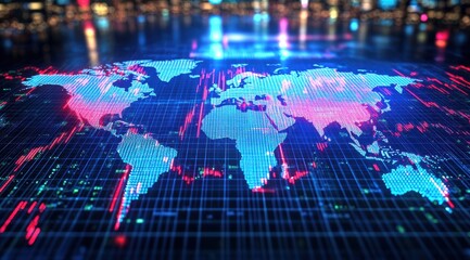 A digital map of the world displayed in vibrant colors, creating a visual representation of global connectivity and technology.