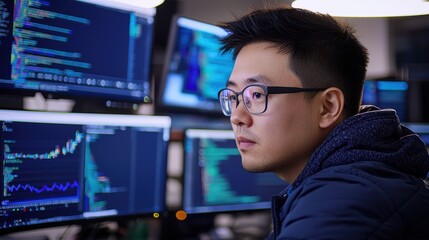 Cyber security expert analyzing data trends modern office professional portrait tech environment focused perspective digital analysis