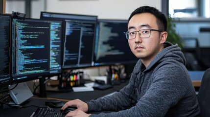 Chinese man analyzing cyber security data at workstation modern office digital environment focused perspective technology concepts