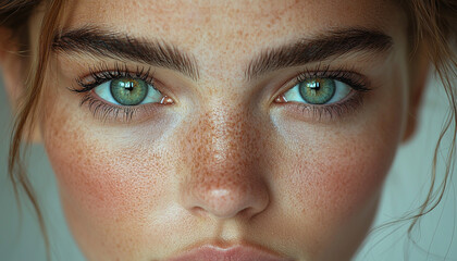 Fototapeta premium Young woman staring at camera with green eyes generated by AI