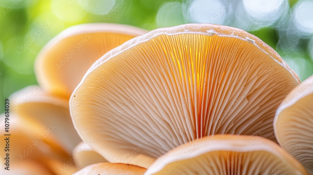 Poster close up of mushroom gills with a blurred background in a natural setting