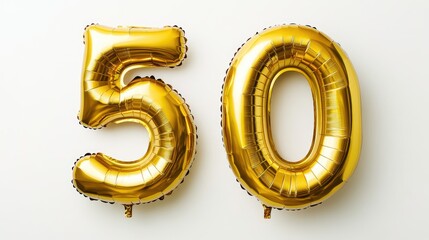 Golden inflatable balloons shaped like the number fifty set against a white background Helium filled gold foil numbers perfect for party decorations anniversaries celebrations and birthdays