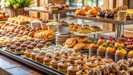 Assortment of fresh pastries displayed on a table in a buffet setting, pastry, bakery, sweet, dessert, selection